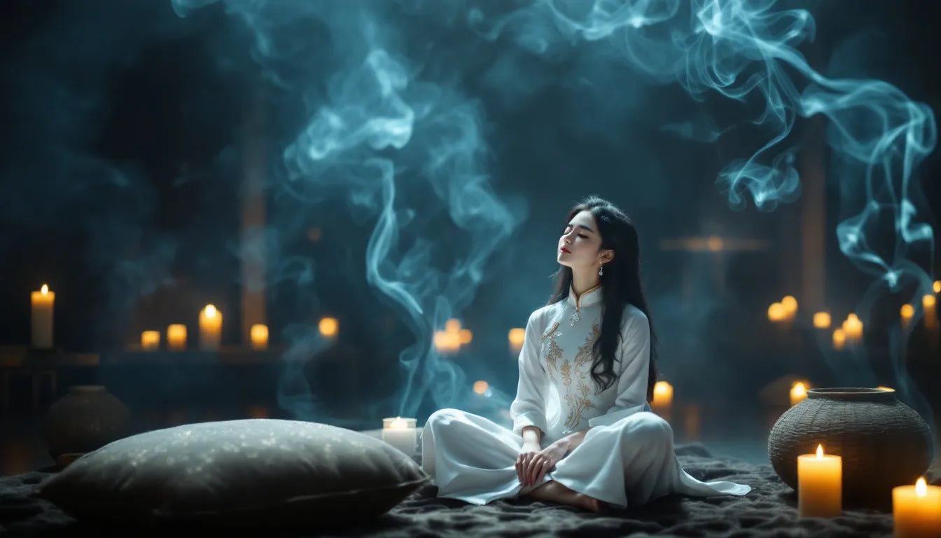 Asian woman meditating with incense and ambient light