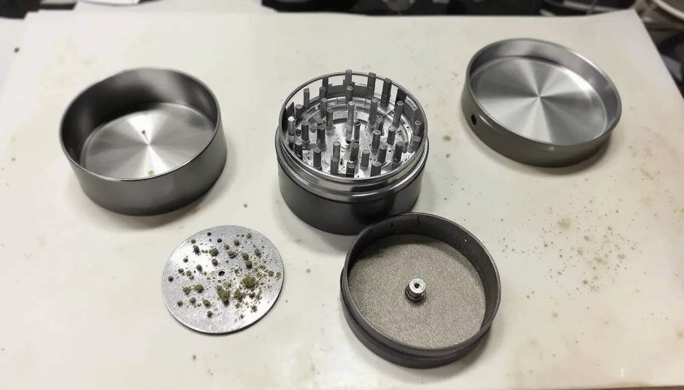 Disassembled cannabis grinder with kief catcher on white plate