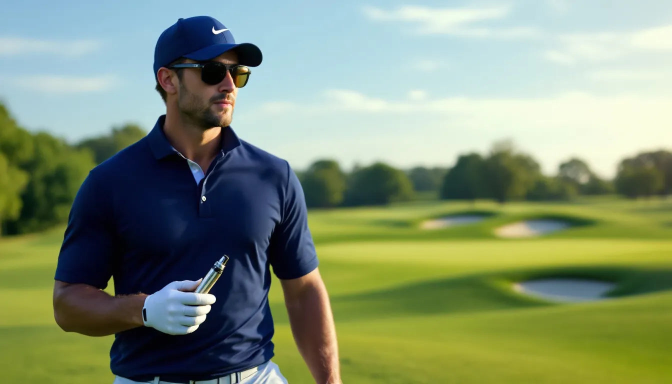 Golfer walking on fairway with discreet vape pen