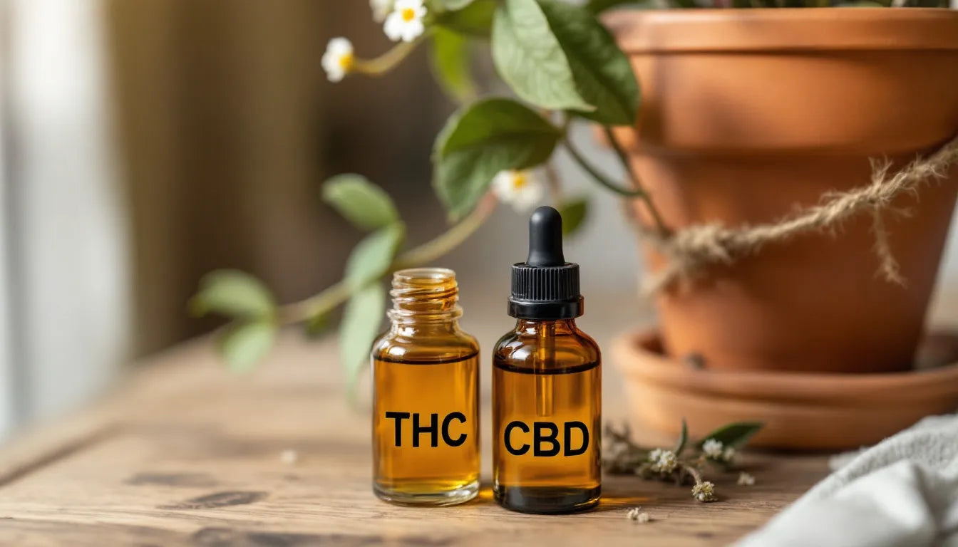 side-by-side THC and CBD lube bottles with cannabis leaf