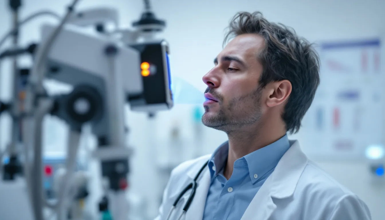 A man exhaling into a breath analyzer device
