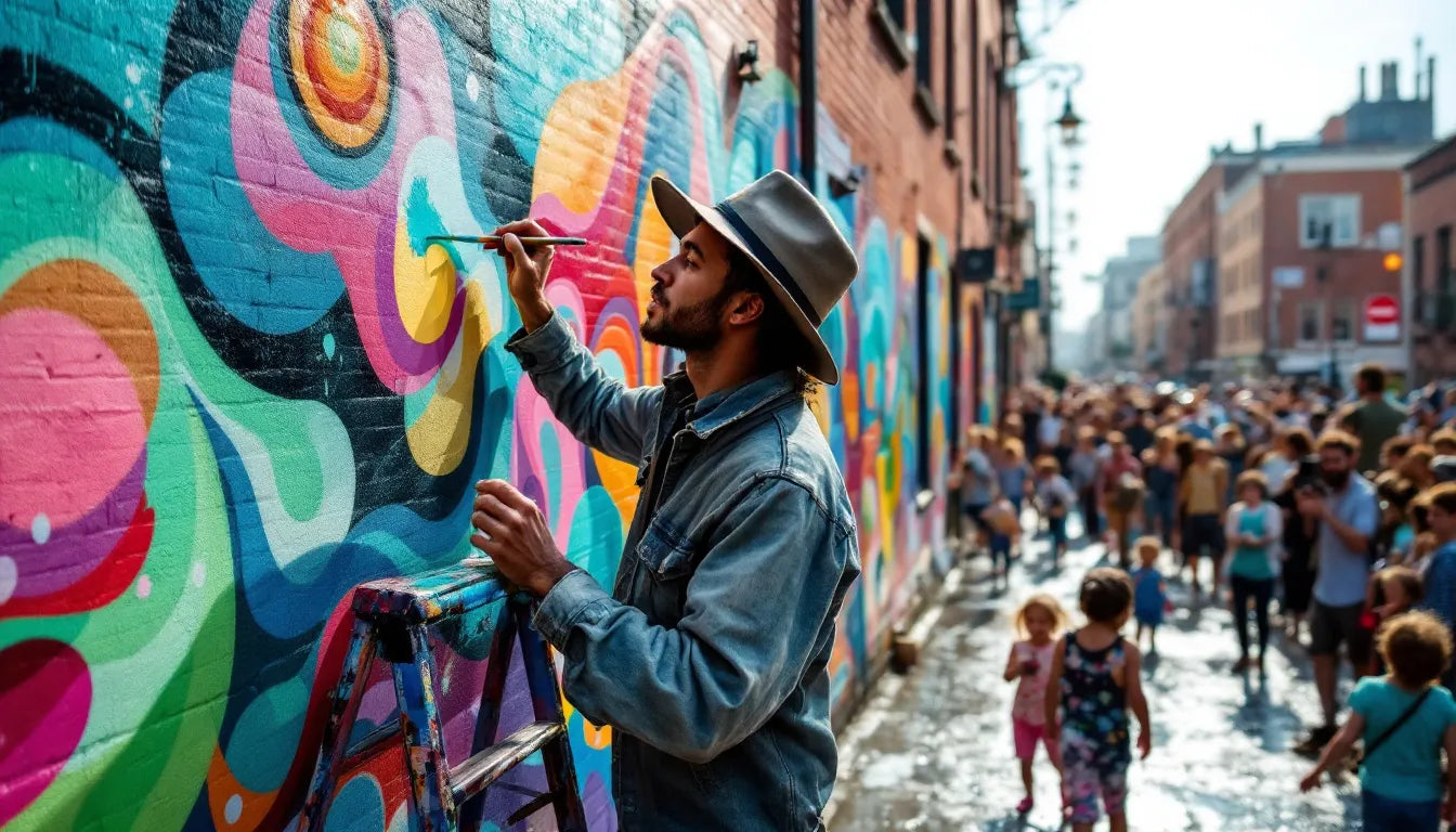 Street artist painting mural symbolizing cannabis culture