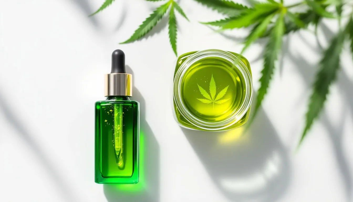 Various cannabis skincare and beauty products neatly arranged