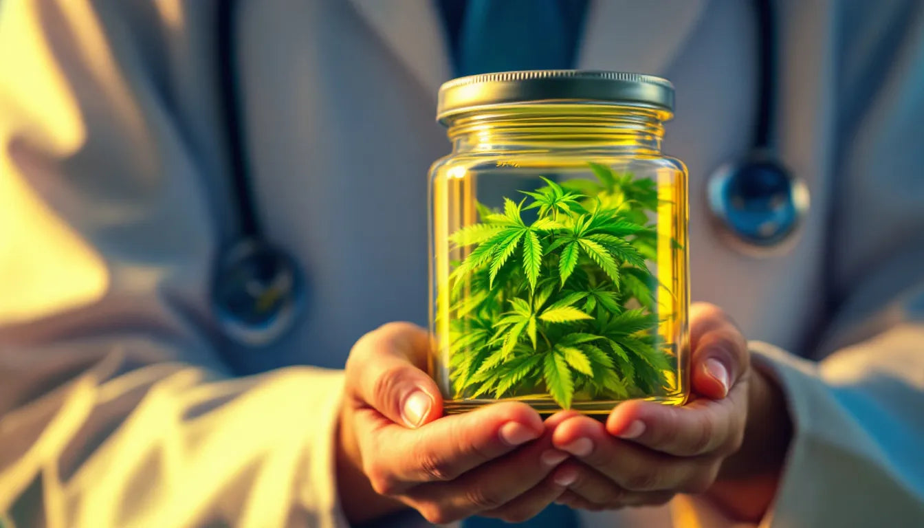 Doctor respectfully holding a jar of medical cannabis