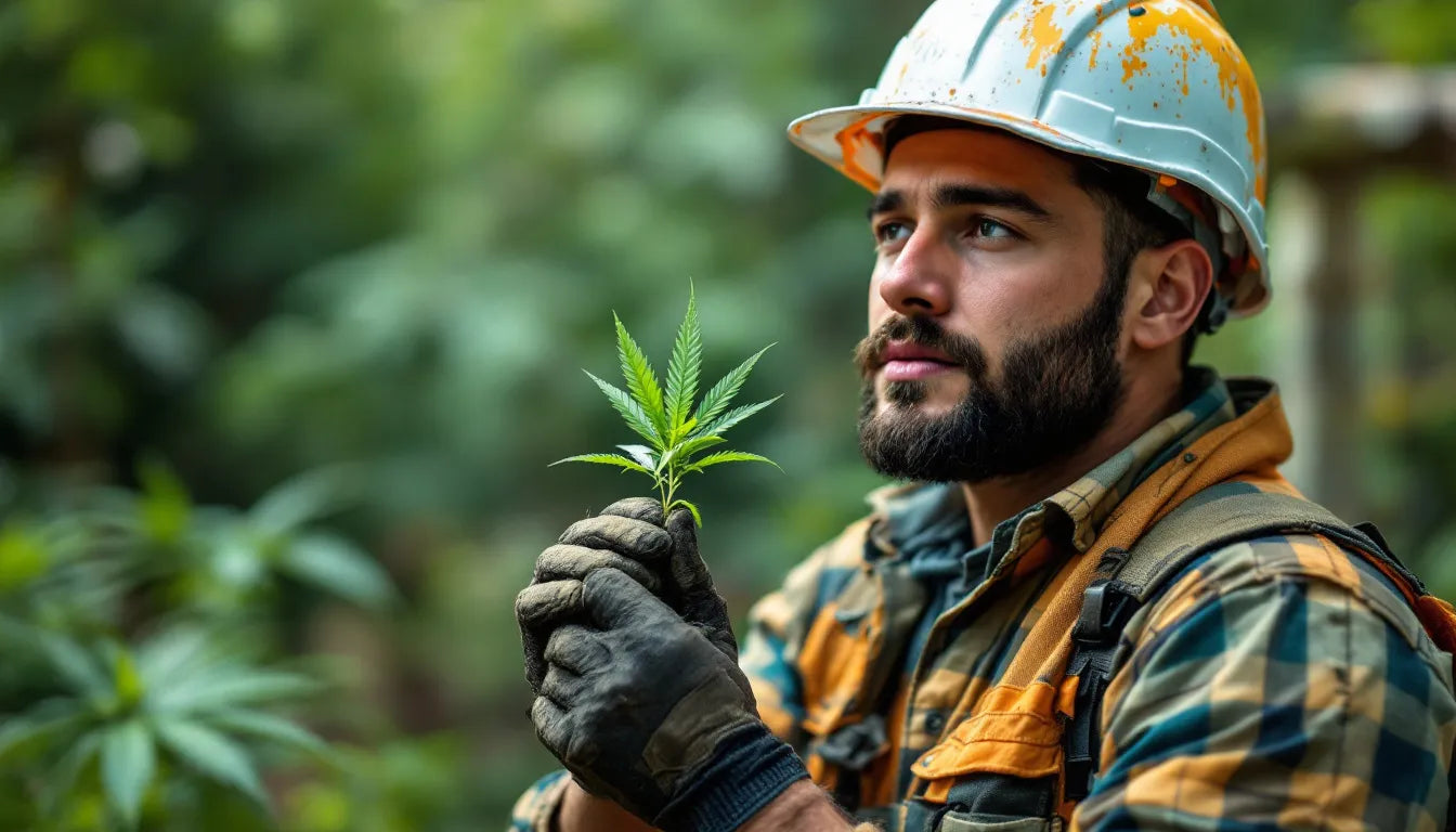 Injured construction worker holding a cannabis bud