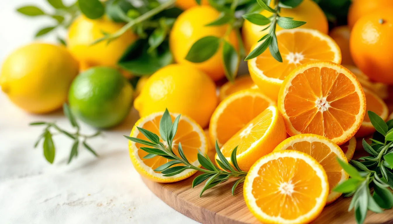 Fresh citrus fruits including lemons and oranges with green leaves