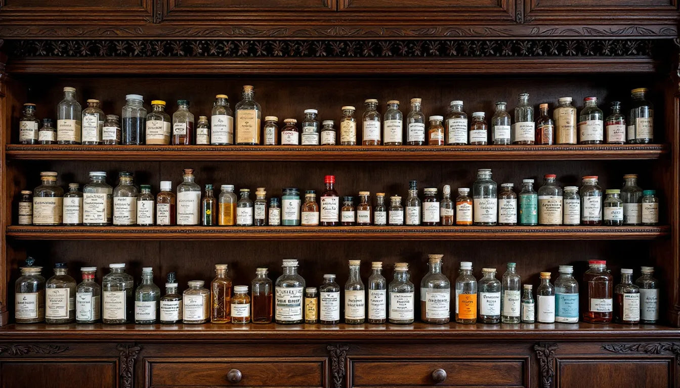 Assorted medicine bottles on a wooden pharmacy shelf