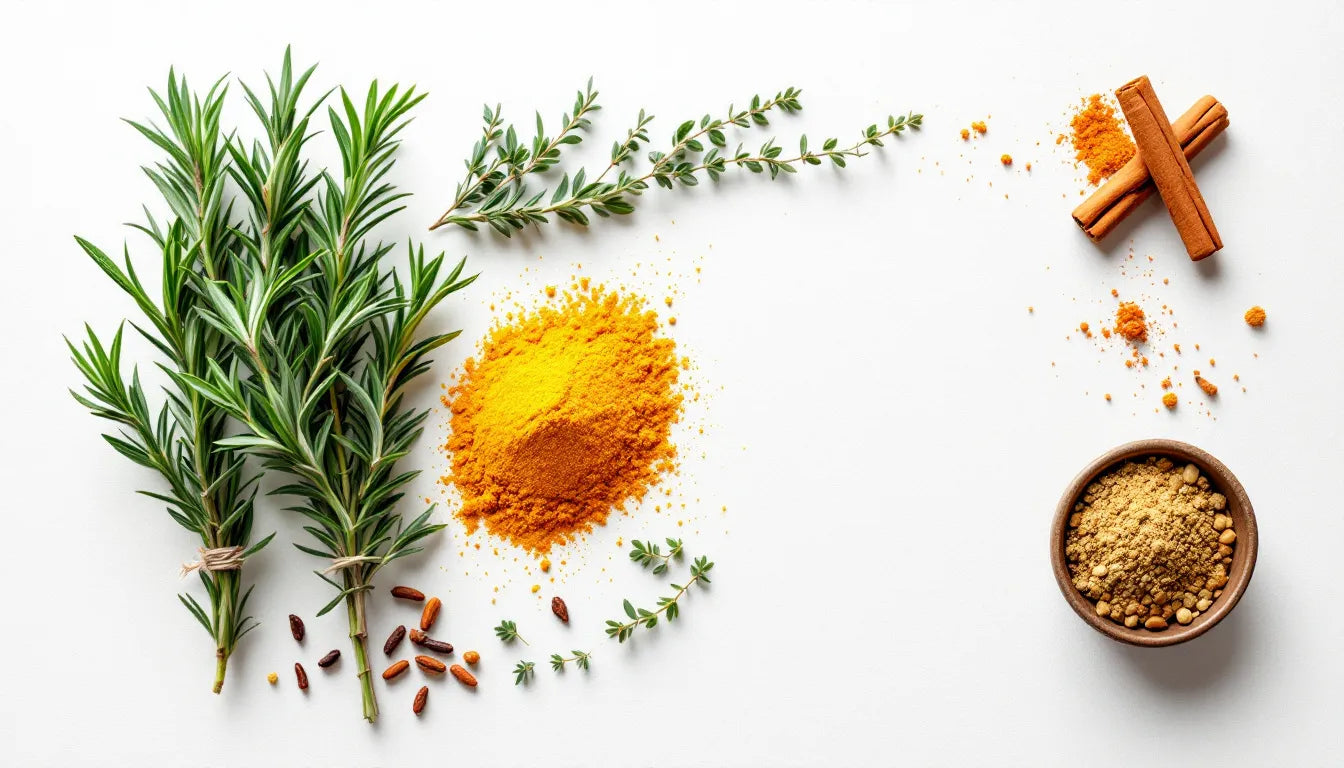 Herbs and spices including turmeric, ashwagandha, and black pepper laid out on white surface