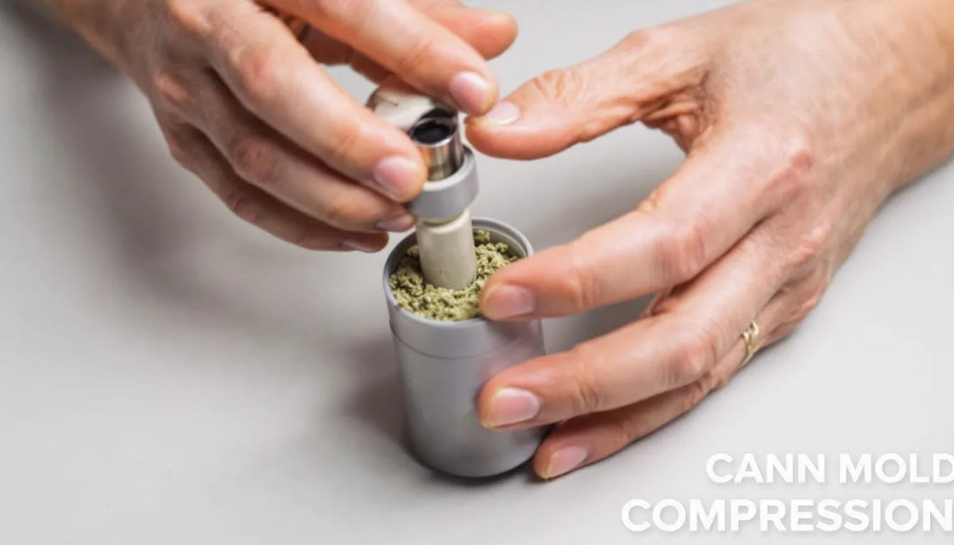 Hands using cannabis mold compression tool