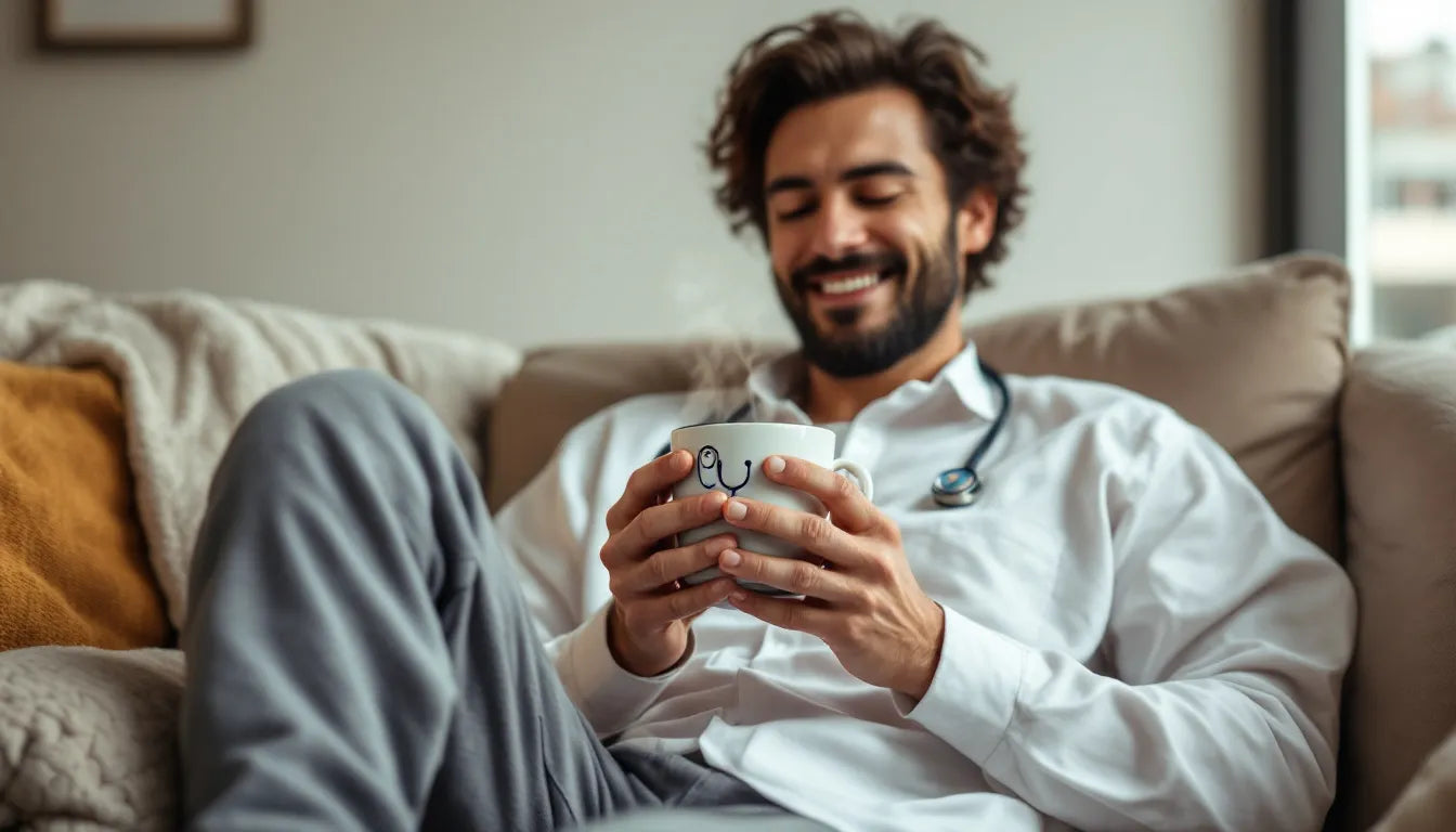 Doctor at home relaxing with a coffee mug