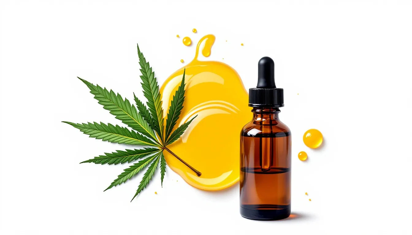 Close-up of cannabis flower and oil on wooden table