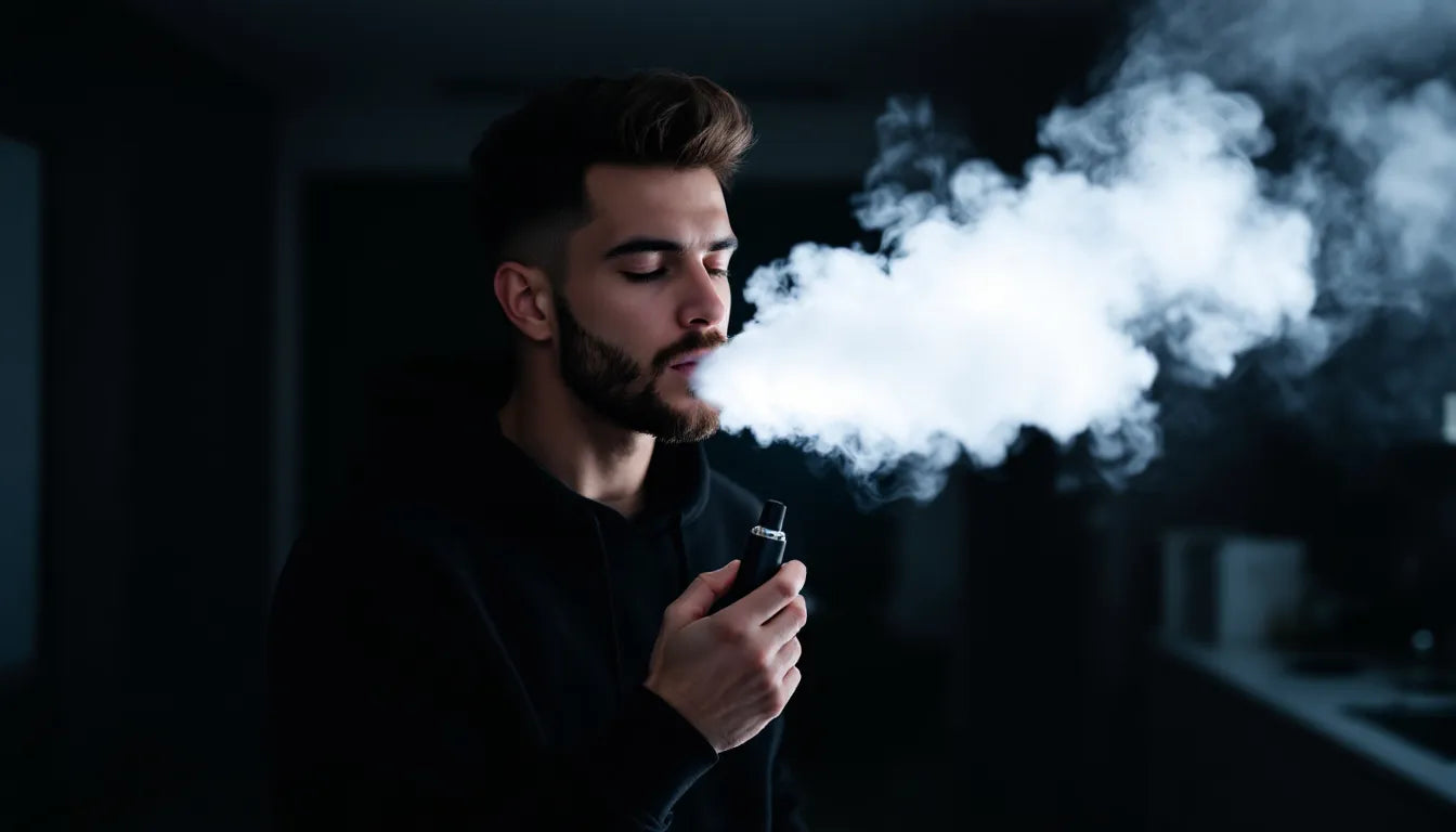 Person exhaling cannabis vapor from vape pen
