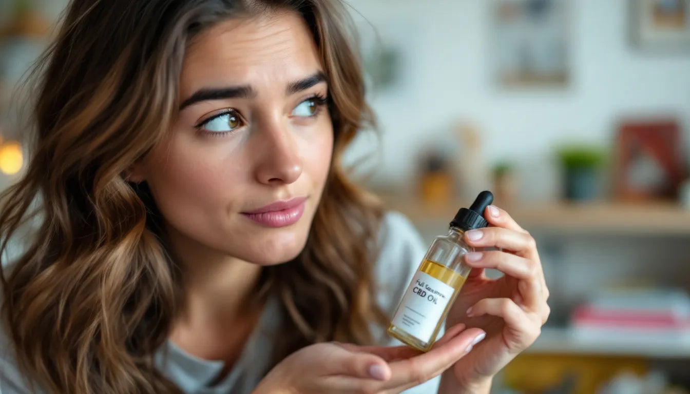 Person examining cannabidiol bottle with questioning look