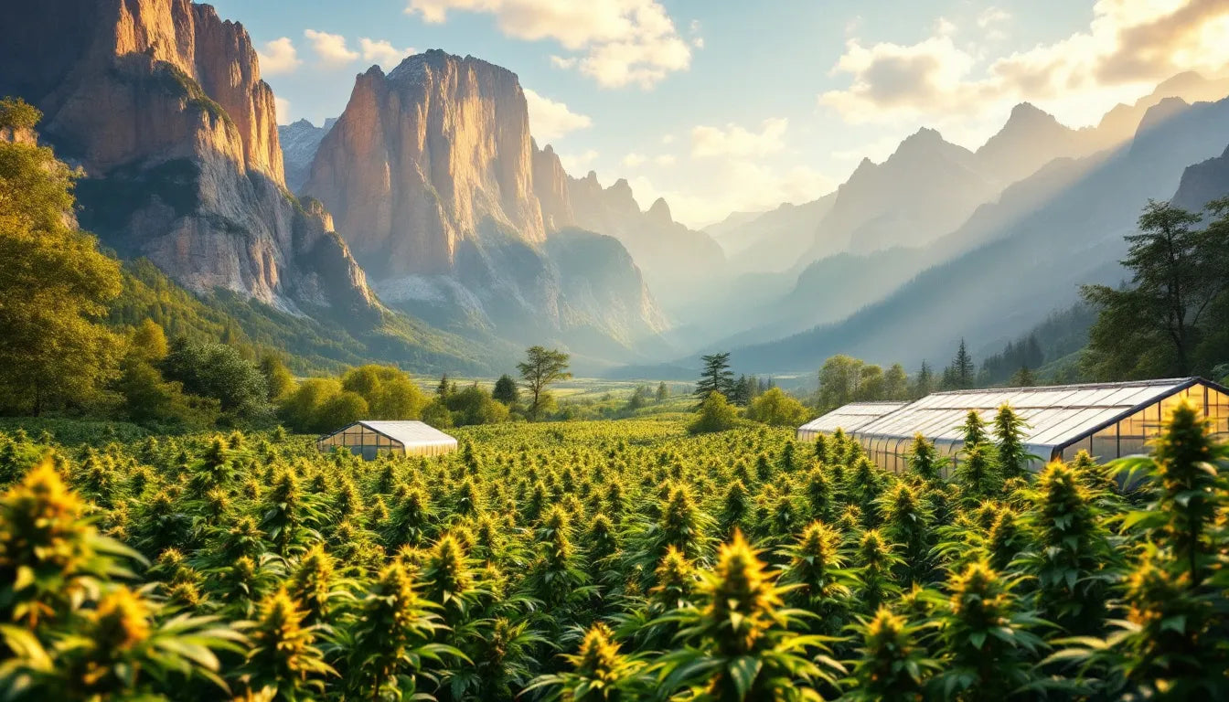Outdoor cannabis farm with mountains and sunset view