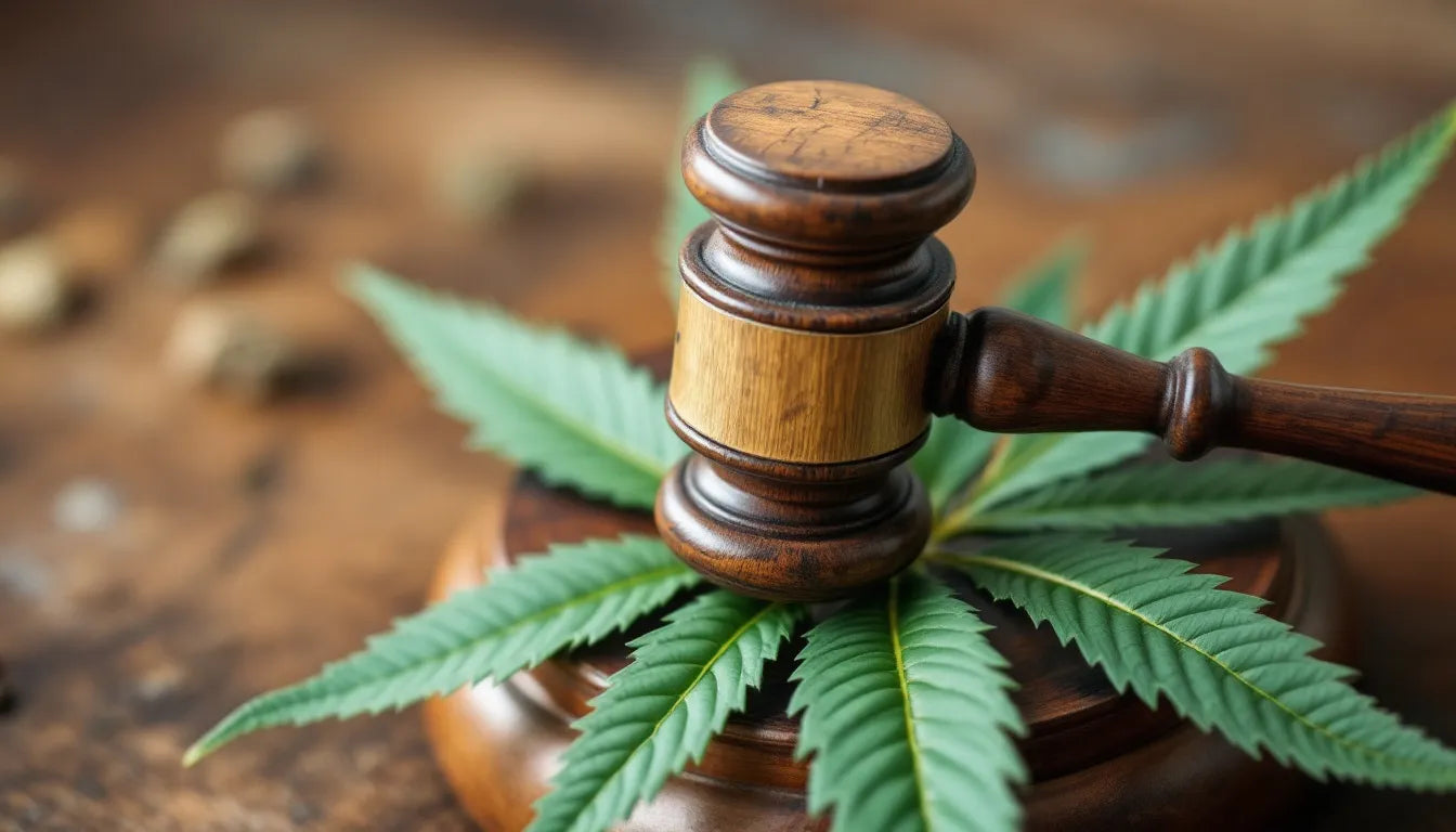 Gavel resting on a cannabis leaf symbolizing legal conflict