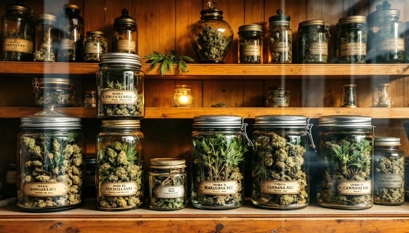 Glass jars of landrace cannabis in specialty shop