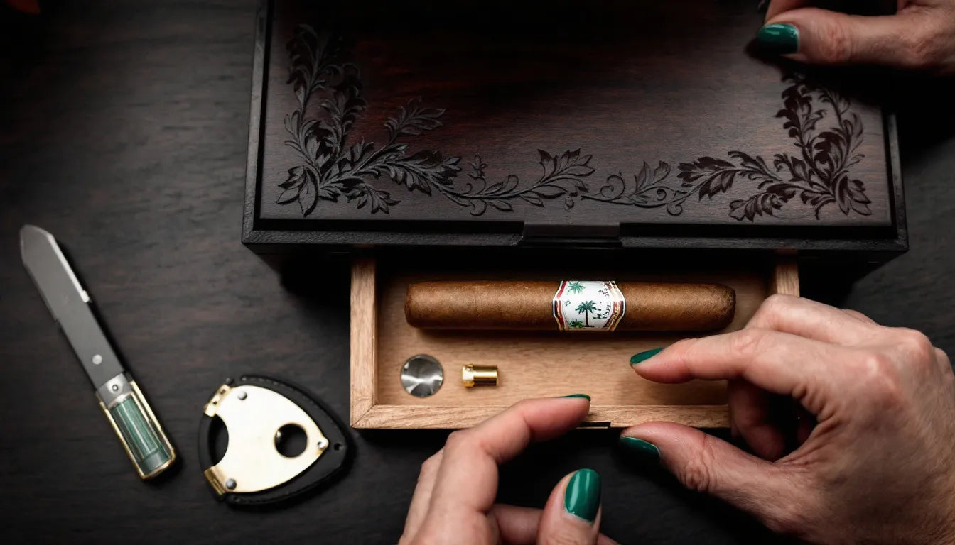 Cannabis cannagar next to matching weed-themed green nails