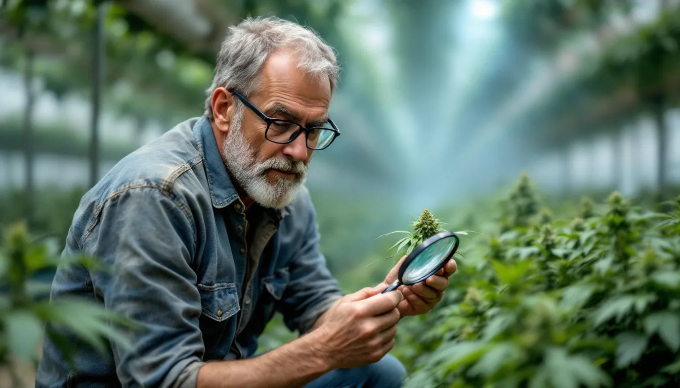 cannabis grower inspecting plant node with a magnifying lens