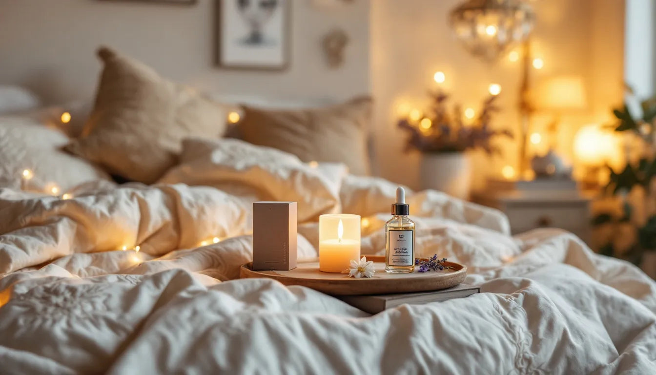 Romantic honeymoon bedroom with CBD products on nightstand