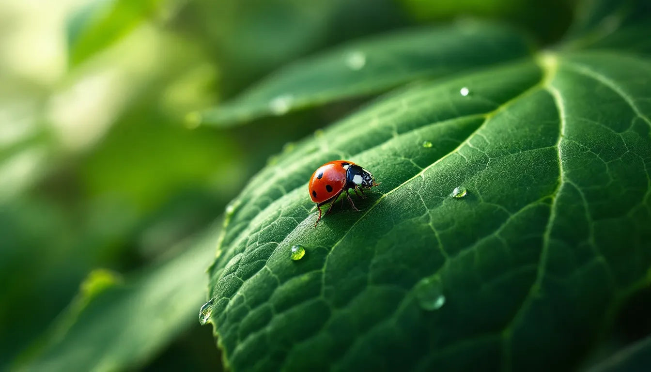 A bright red ladybug resting on a vibrant green plant leaf.