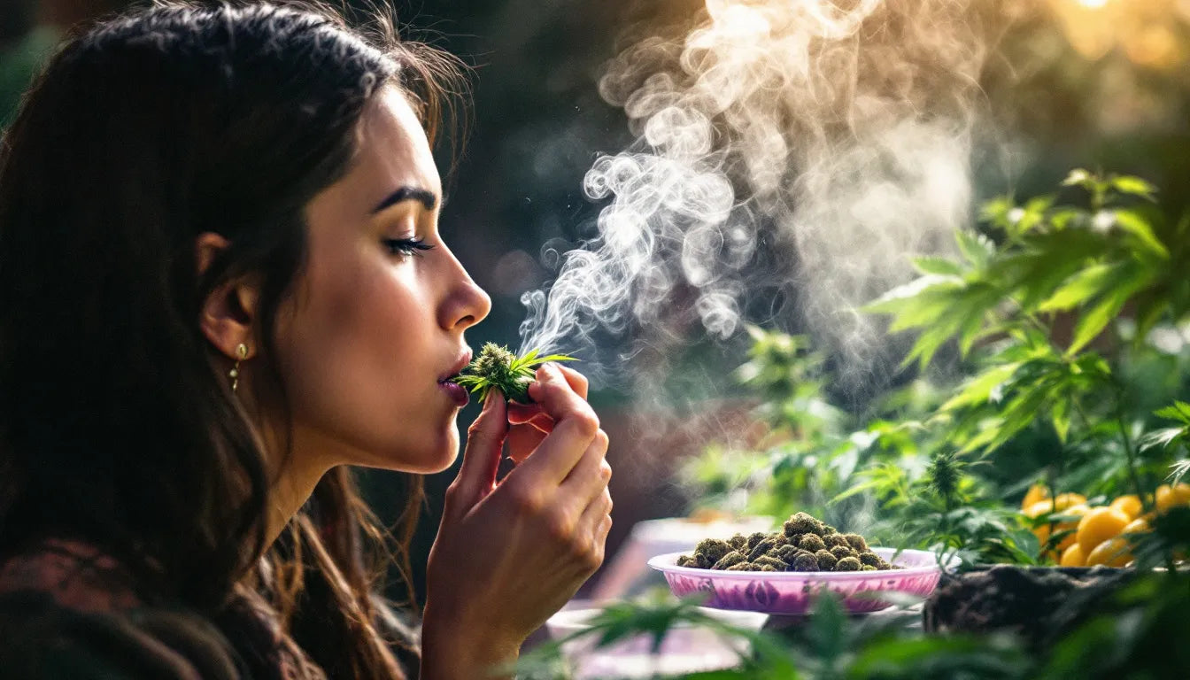 Asian woman inside sleek cannabis dispensary