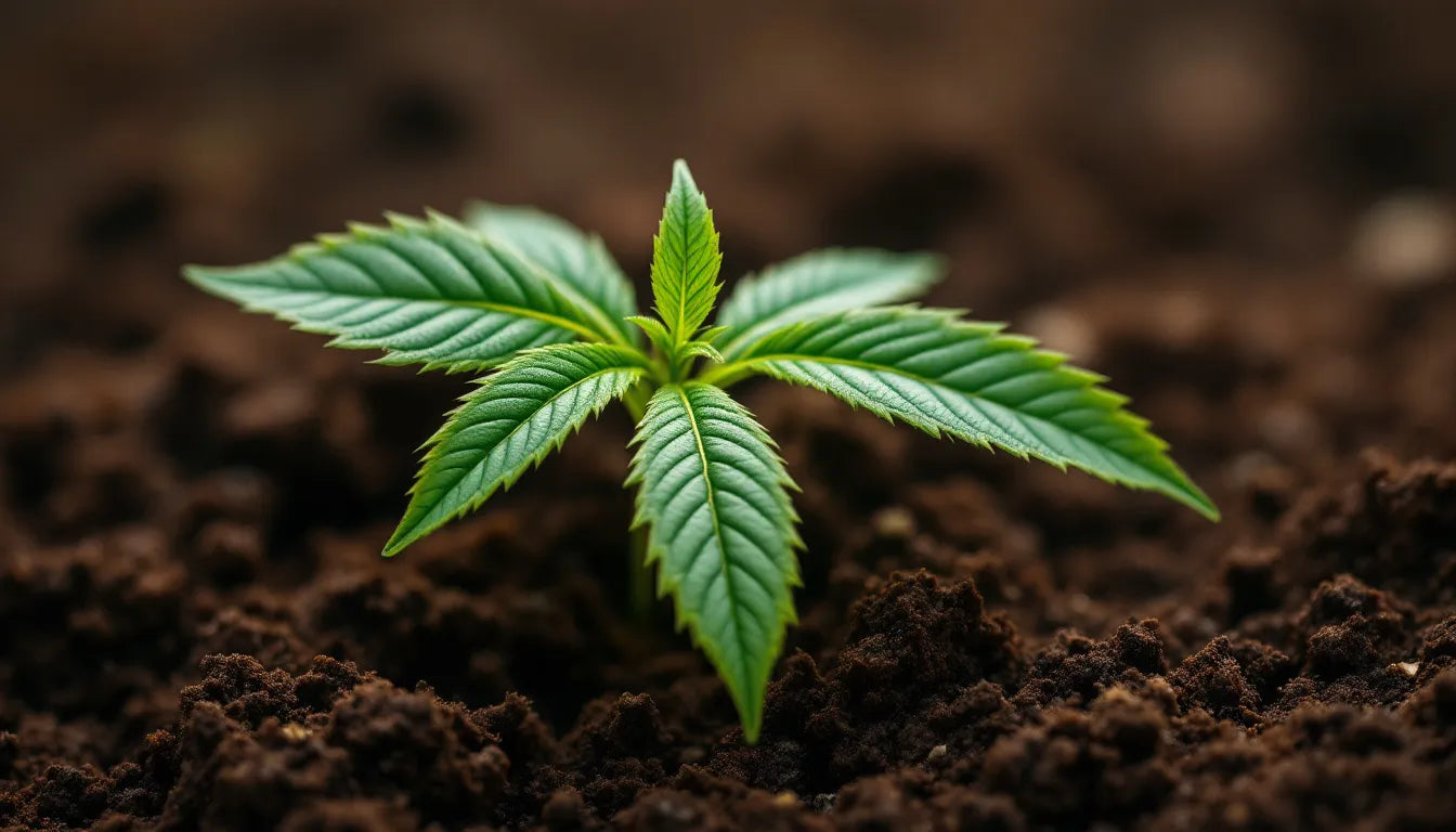 Young cannabis plant sprouting from rich soil symbolizing purpose