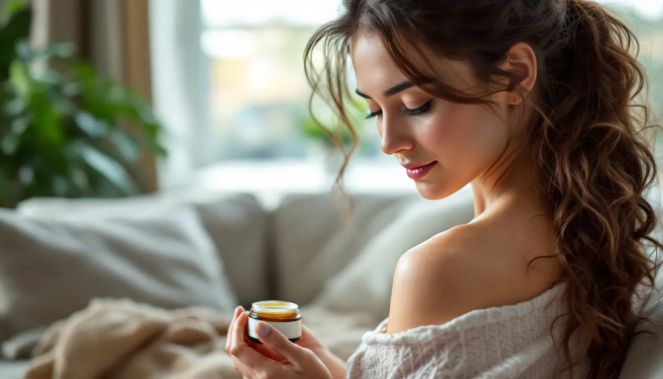 Person applying CBD balm to sore shoulder for pain relief