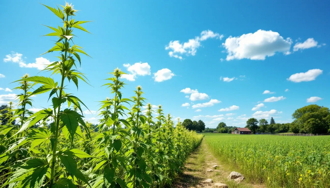 Lush hemp plants growing in a sunny outdoor farm