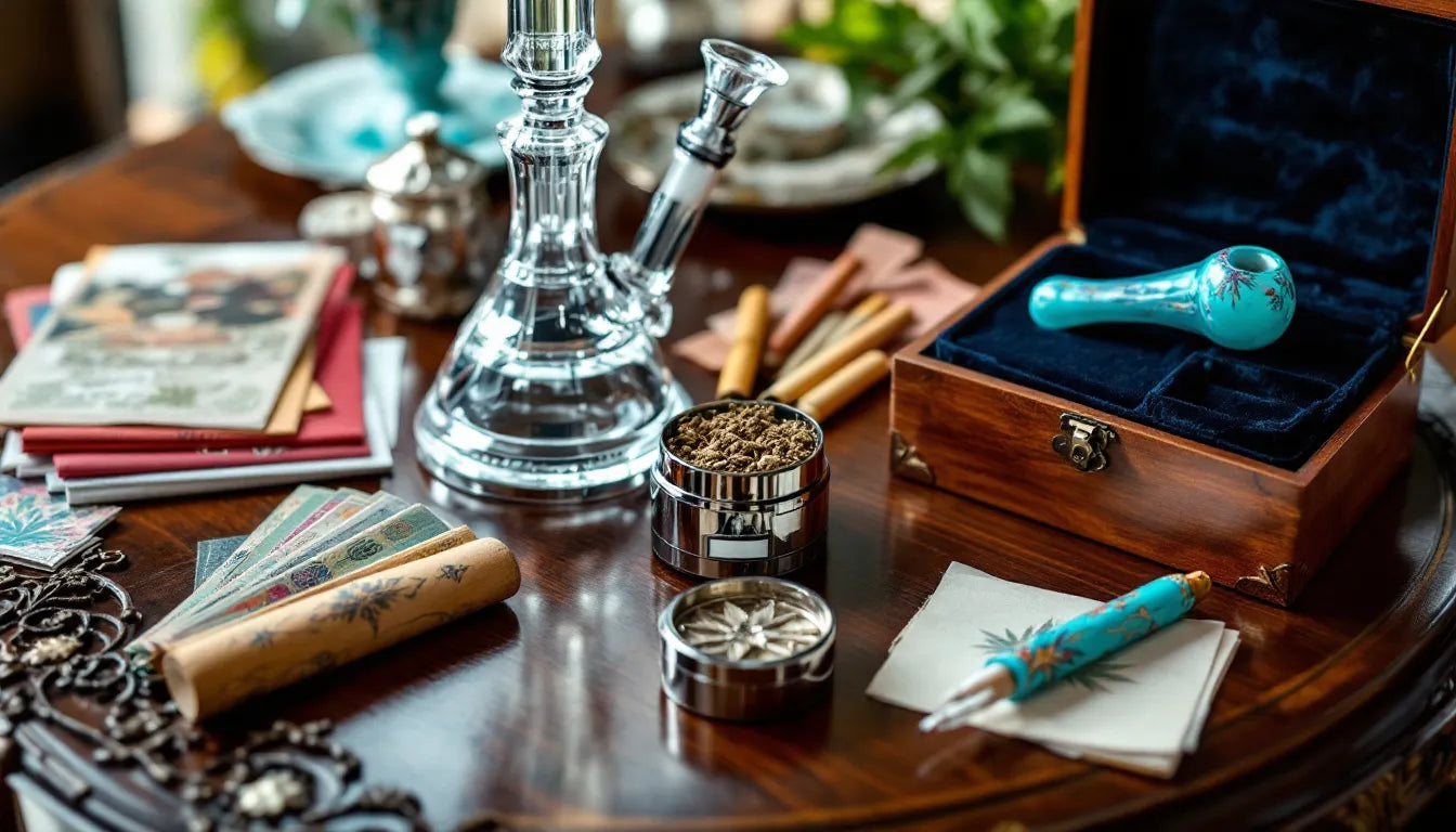 High-end cannabis tools and accessories displayed neatly