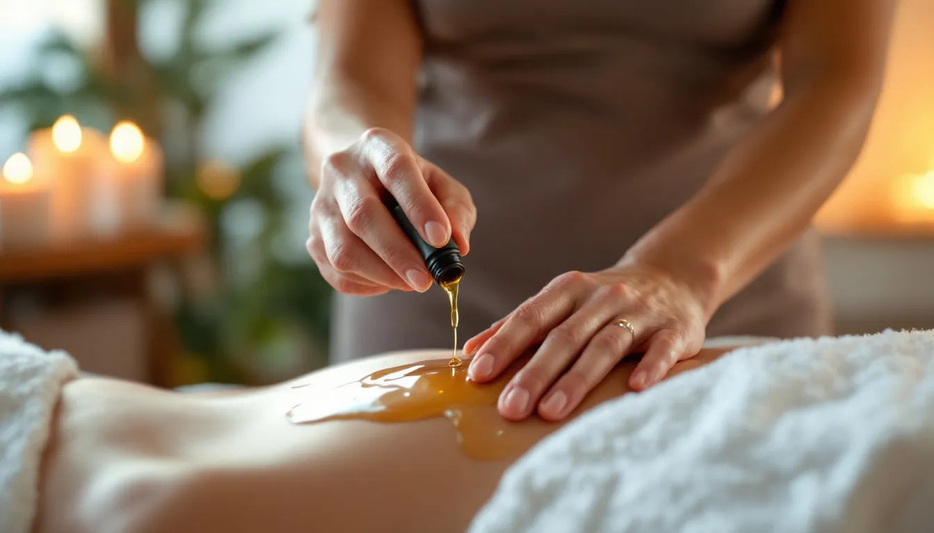 Massage therapist applying CBD oil to a client's back