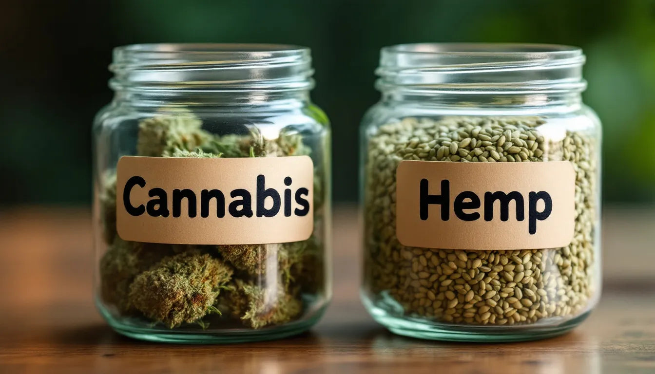 Cannabis and hemp flowers in separate jars for comparison