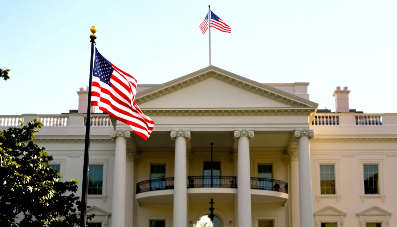 Exterior of the White House with American flags