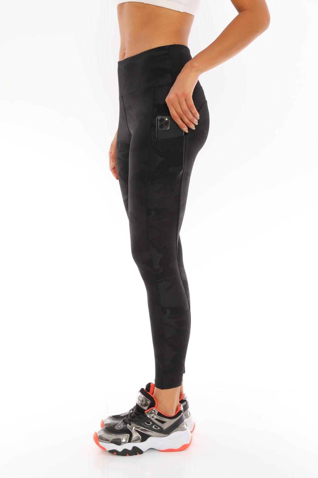 Leggings with Pockets Black Camouflage