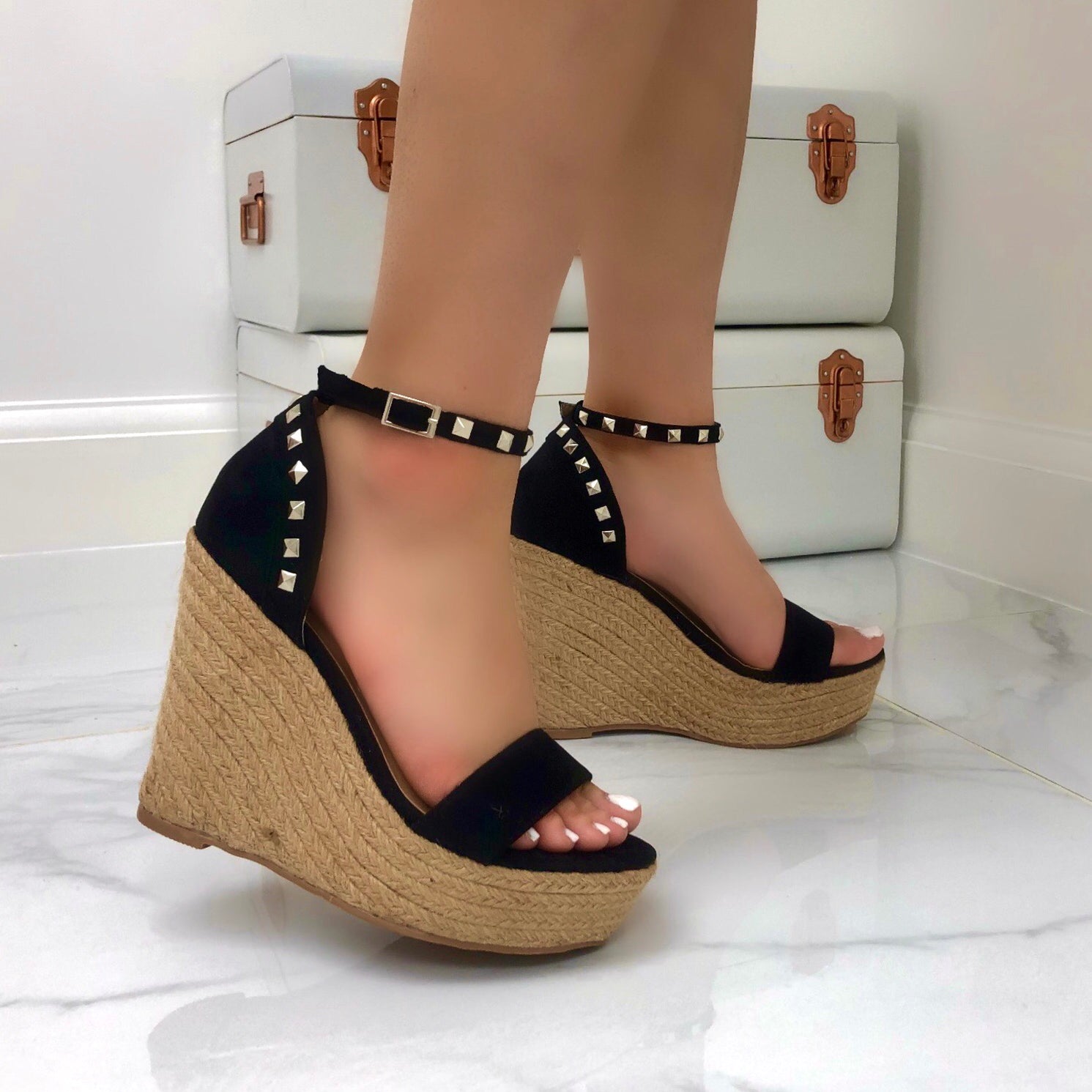 Liza - Black Faux Suede Studded Woven Platform Wedge Sandal — Gal Next ...