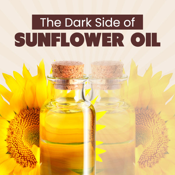 The Dark Side of Sunflower Oil Text with Glass Bottle and Sunflower