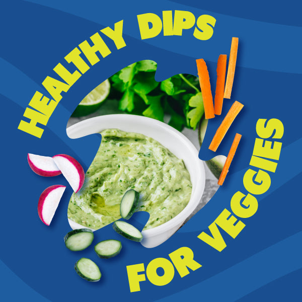 healthy dip with carrots, radishes, cucumber and herbs