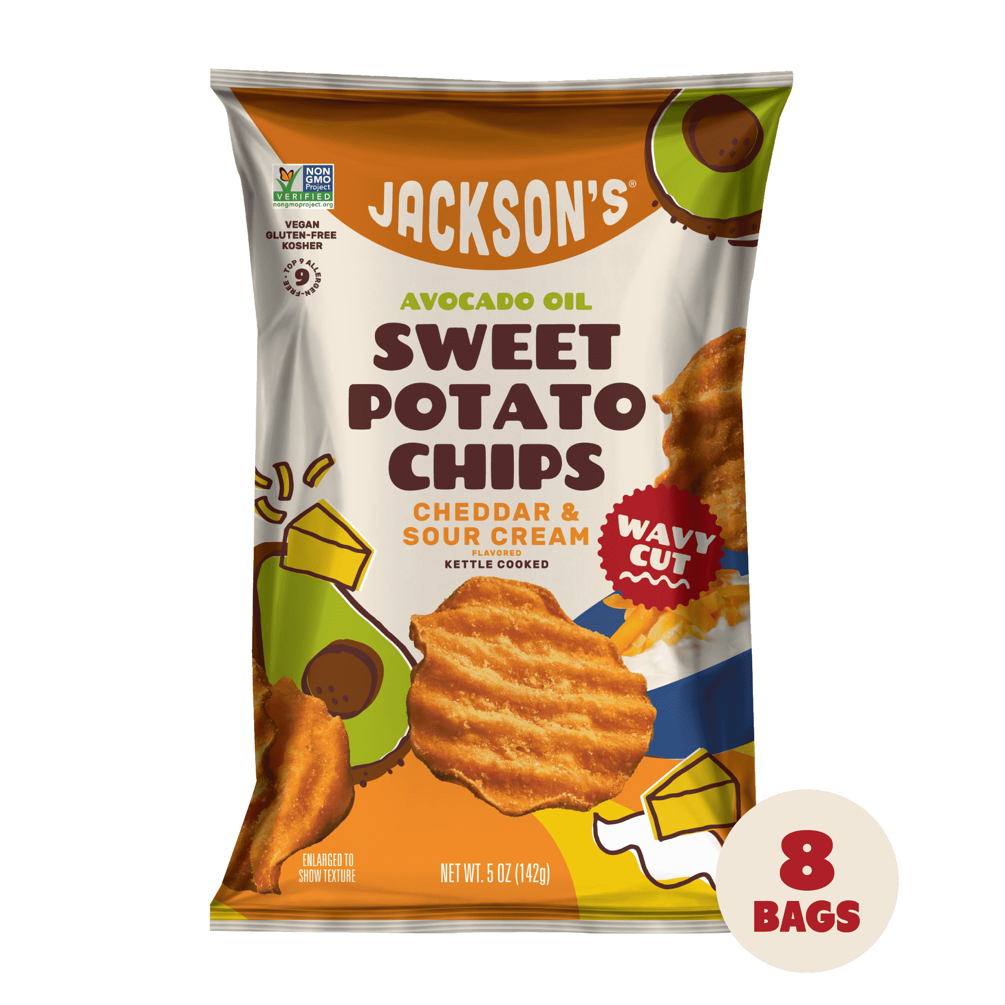 Wavy Cheddar & Sour Cream Flavored Sweet Potato Chips in Avocado Oil 5oz (Pack of 8)