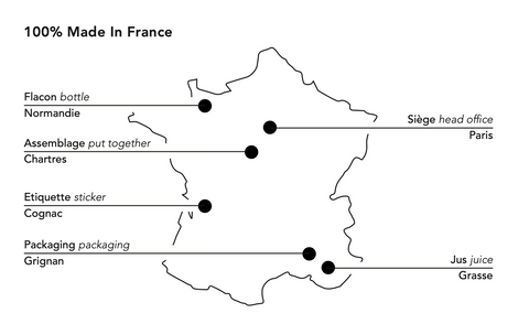 Image showing the locations in France where the various elements of the perfume are made. 