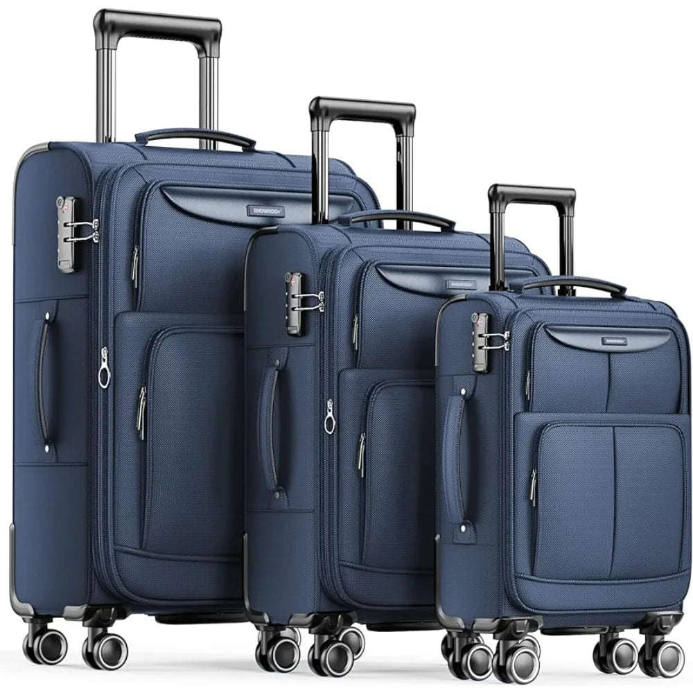 Luggage Sets 3 Piece Softside Expandable Lightweight Durable Suitcase Sets Double Spinner Wheels TSA Lock Blue (20in/24in/28in)
