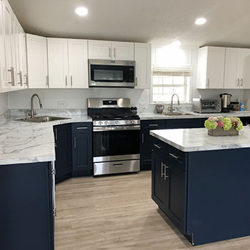 customer photo of blue and white kitchen cabinets