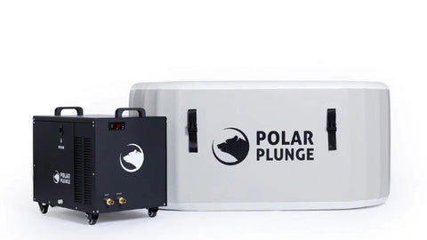Polar Plunge Sub-Zero ice bath setup, featuring the white tub and black chiller unit, illustrating a home cold therapy system.