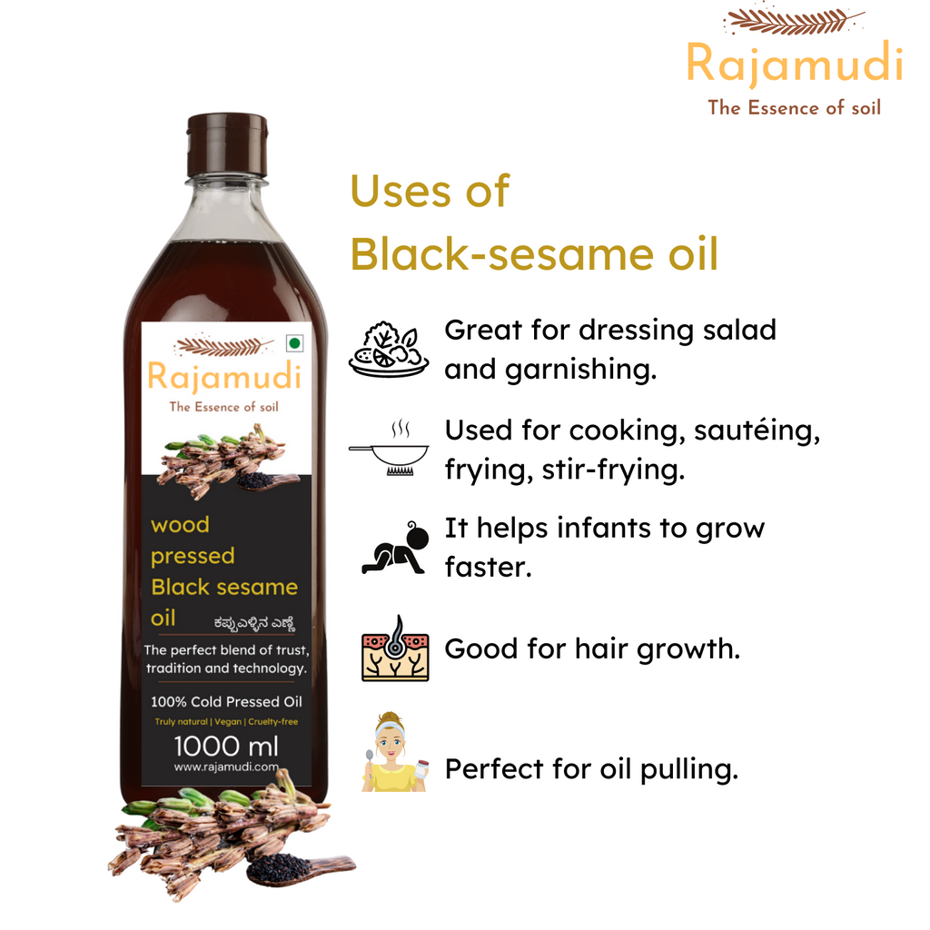 black sesame oil, rajamudi oil, rajamudi, wood pressed oil, rajamudi wood pressed black sesame oil, cooking oil, oil, healthy oil