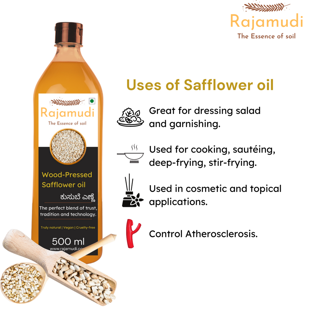 rajamudi, rajamudi rice, rajamudi oils, safflower oil, wood pressed safflower oils, cooking oil, healthy oil, rajamudi wood pressed safflower oil, buy safflower oil online