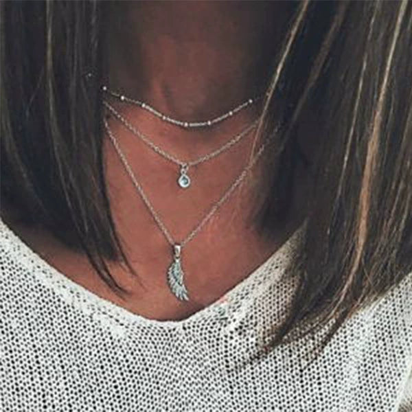 Bohemian Style Wings Pendant Round Beads Three Layer Necklace With Alloy Material And Electroplating Process