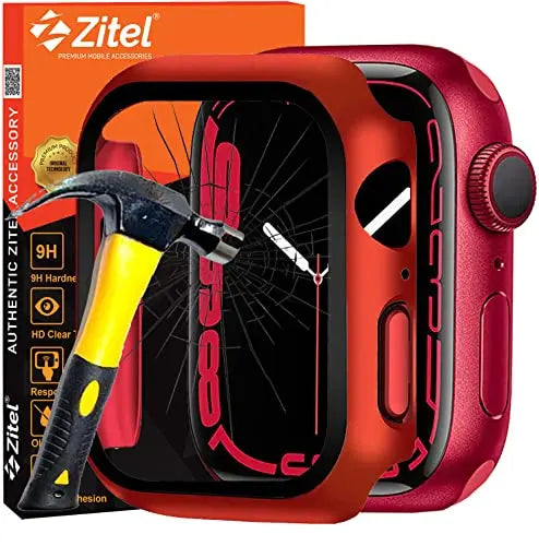 Zitel Case Compatible with Apple Watch Series 7 45mm Hard PC Bumper Case with Built in 9H Tempered Glass Screen Protector Edge to Edge Smart Defense Red Zitel