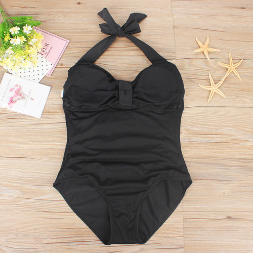 Women Plus Size Solid Color Pleating One-piece Swimsuit