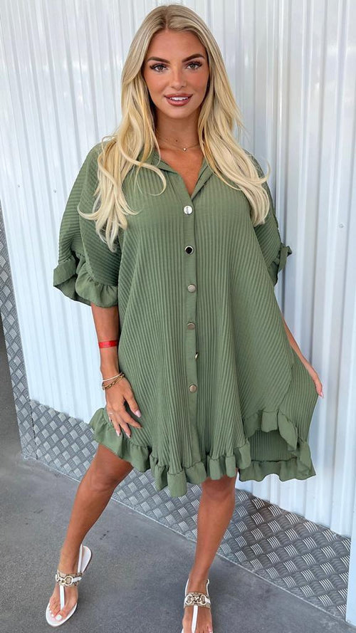 Summer Solid Color Shirt Dress Ruffle Sleeve Irregular Shirt Dress