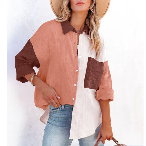 Women's Color Contrast Patchwork Drop-shoulder Long-sleeve Shirt