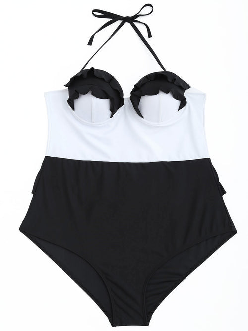Women's Plus Size One Piece Black And White Patchwork Lace Swimsuit