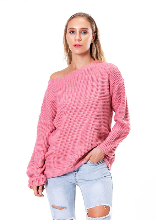 Solid Color Loose Slant Collar Short Top Long Sleeve Knitted Sweater